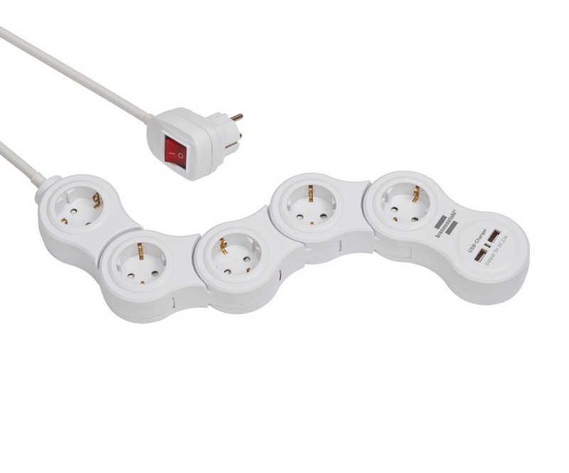 Удлинитель 1,4 м Brennenstuhl Vario Power гибкий, 5 розеток, 2 USB, белый (1155350210)