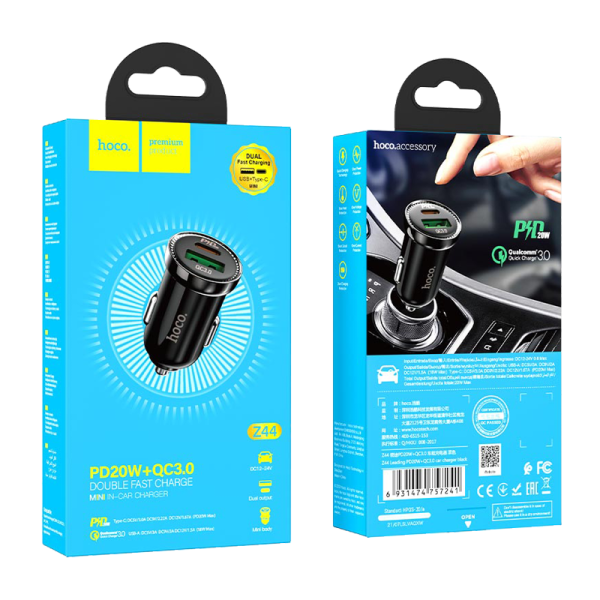 Автомобильное З/У HOCO Z44 1USB/Type-C 3.0A черный (1/12/120)