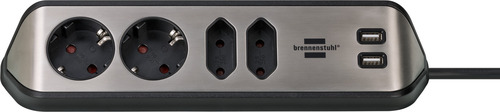 1153590410 Brennenstuhl удлинитель  Extension Socket ,угловой, 2м., 4  роз., 2 USB 3,1А, серебристо-черный
