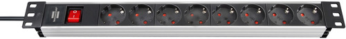 1390007018 Brennenstuhl удлинитель Alu-Line 19 дюймов, 2м., кабель черный 1,5мм2, 8 роз., выключатель,IP20